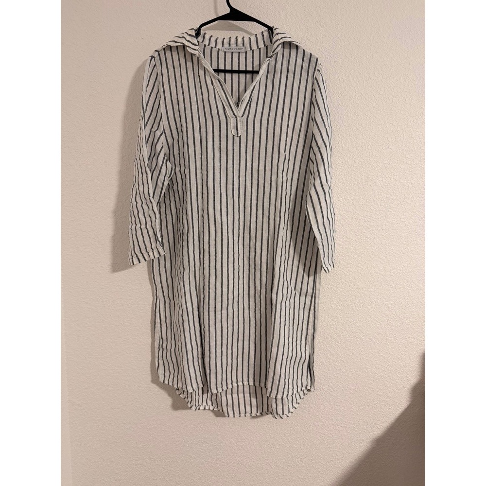 Tempo Paris 100% Linen Stripe Tunic Dress Navy White Made in Italy S/M Resort